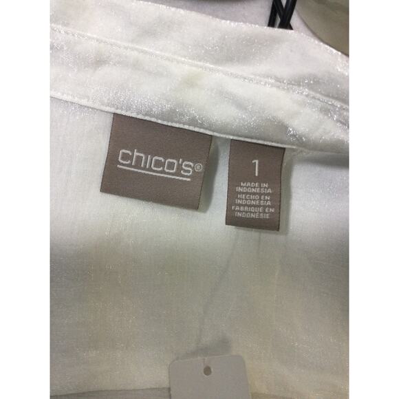 CHICO'S 1 M white viscose collared button up long sleeve blouse shirt NWT 0B14 - Picture 5 of 8